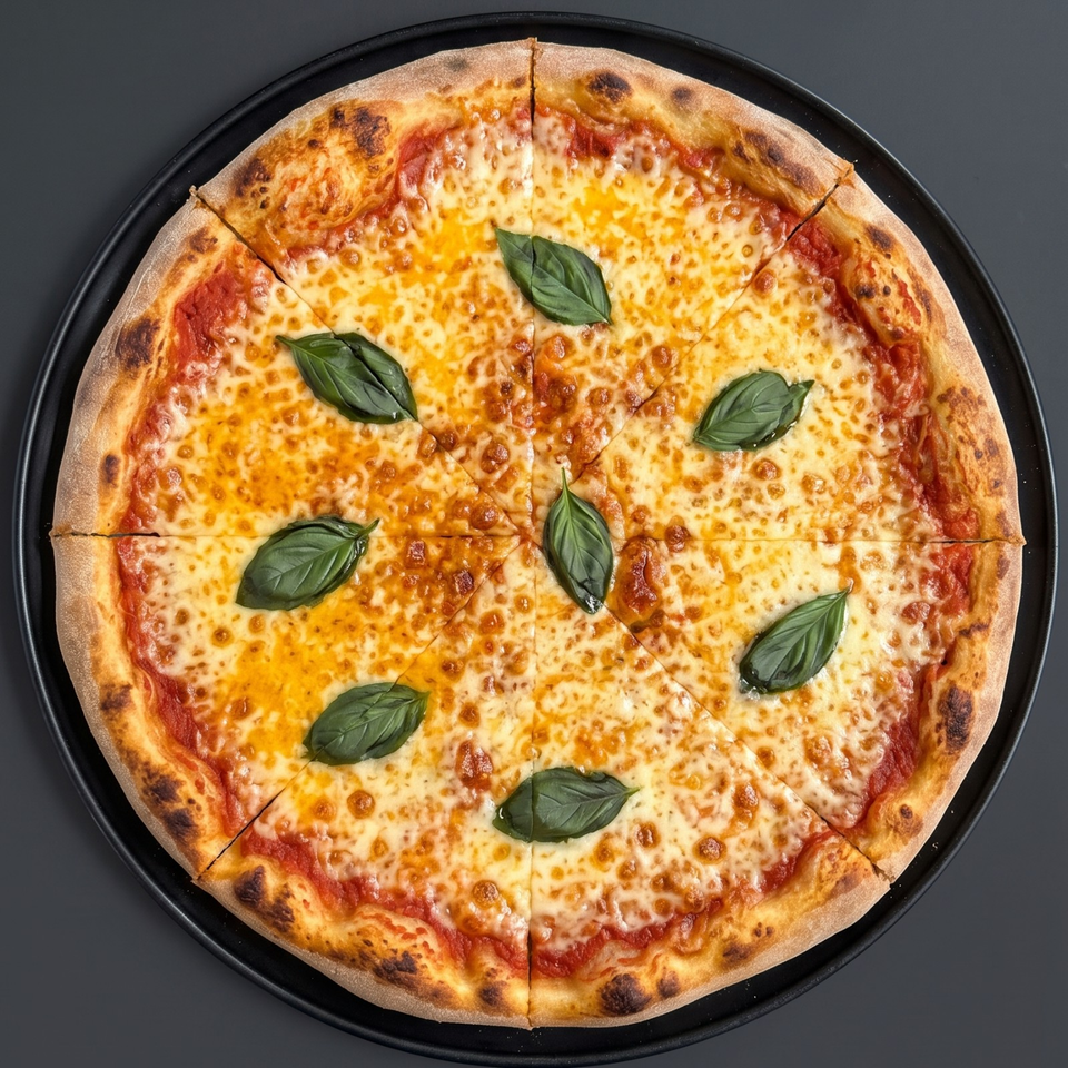 Whole Margherita pizza with melted cheese, tomato sauce, fresh basil leaves, and charred crust on a black plate.