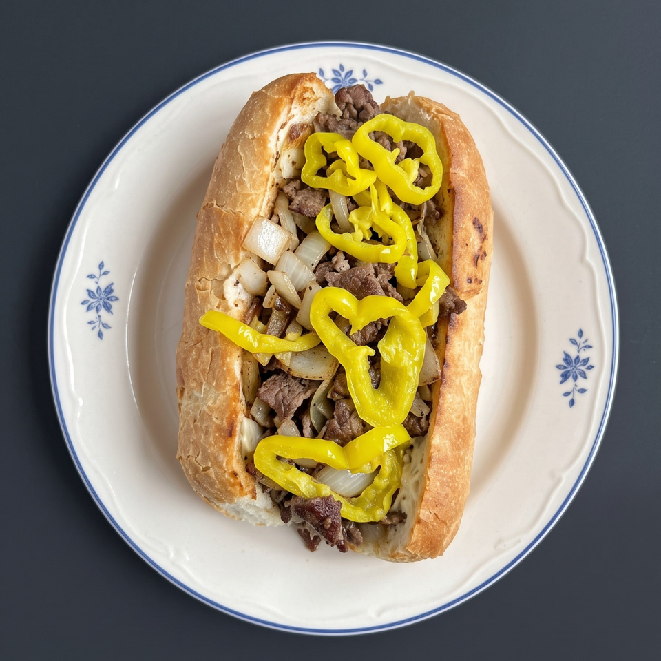 Steak sandwich with sautéed onions and yellow peppers served on a decorative white plate.
