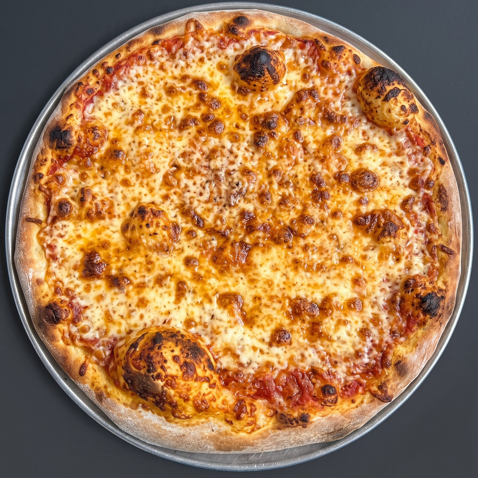 Whole cheese pizza with tomato sauce and blistered, charred crust on a round metal pan.