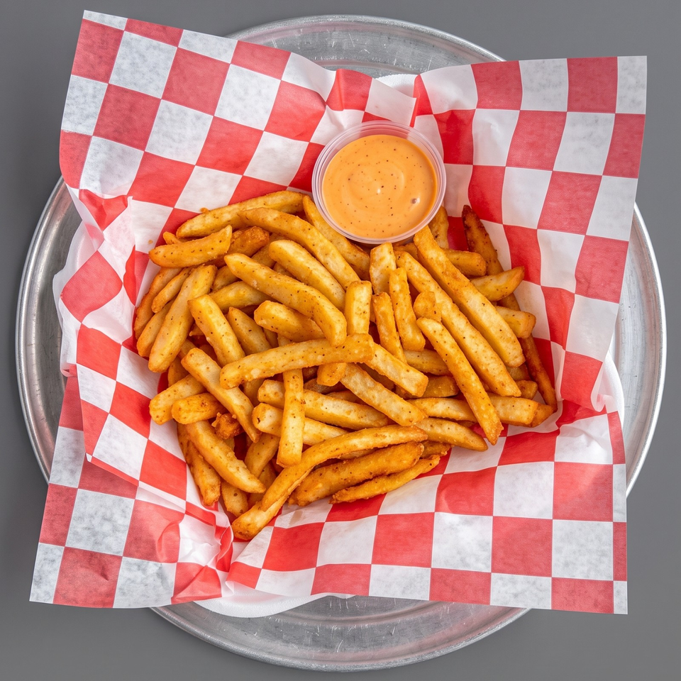 Seasoned golden fries served with creamy dipping sauce on red-and-white checkered paper in a metal tray.